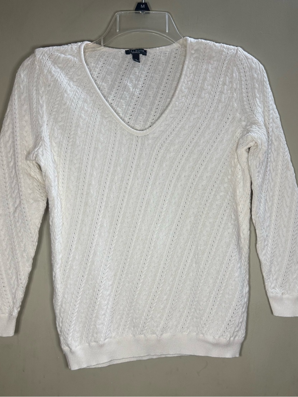 Talbots Cable Knit V-Neck Sweater White/Ivory Cotton Small